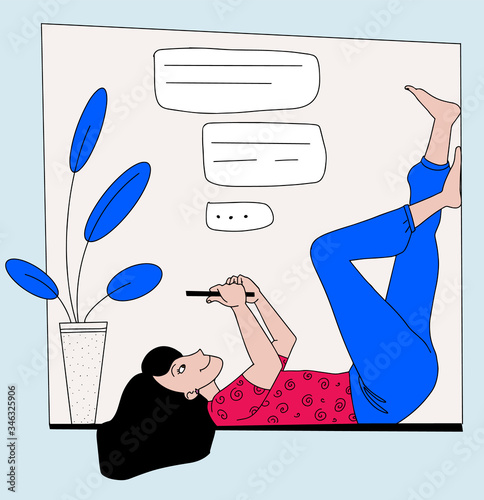 Teenager girl with phone in her hand chatting with her friends at home. Vector illustration line style