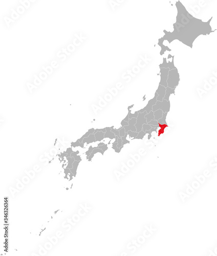 Chiba province highlighted red on Japan map. Gray background. Business concepts and backgrounds.