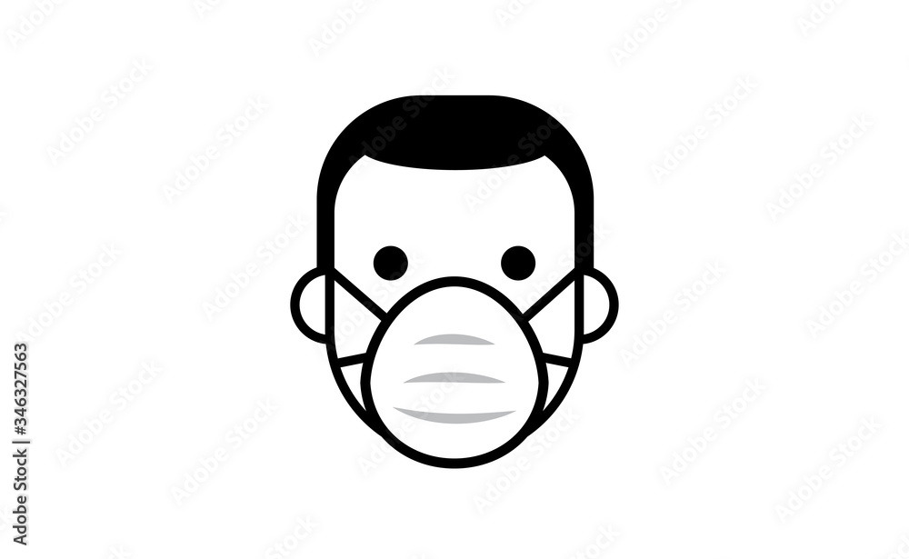 Medical face protection mask icon. Man using protective surgical mask for coronavirus prevention. Linear art vector. Medical face protection mask icon. Man using protective surgical mask for coronavirus prevention. Linear art vector.