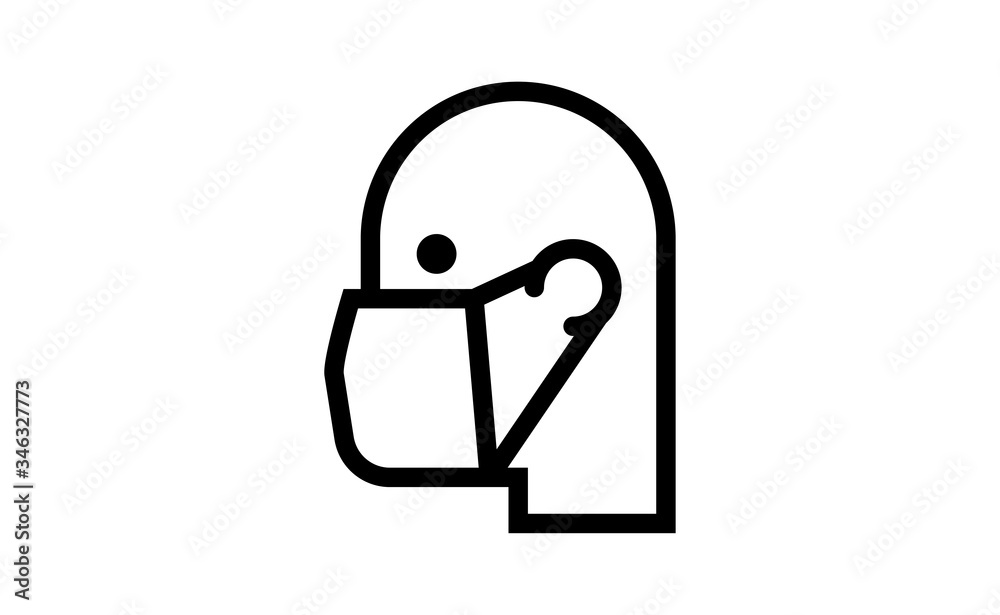 Medical face protection mask icon. Man using protective surgical mask for coronavirus prevention. Linear art vector. Medical face protection mask icon. Man using protective surgical mask for coronavirus prevention. Linear art vector.