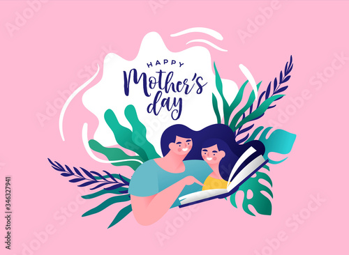 Mother's Day card of mom child reading book