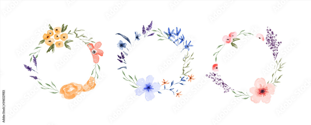 Watercolor spring flower circle frame set