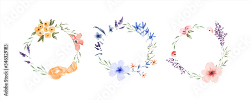 Watercolor spring flower circle frame set