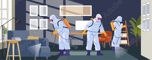 Disinfecting anti Coronavirus in business office as a prevention against Coronavirus or COVID-19 pandemic. Cartoon, flat style Vector Illustration