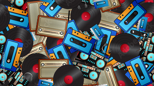 Seamless pattern of retro old hipster music audio cassette players and tape recorders vinyl records and radio from the 70s, 80s, 90s, 2000s, background