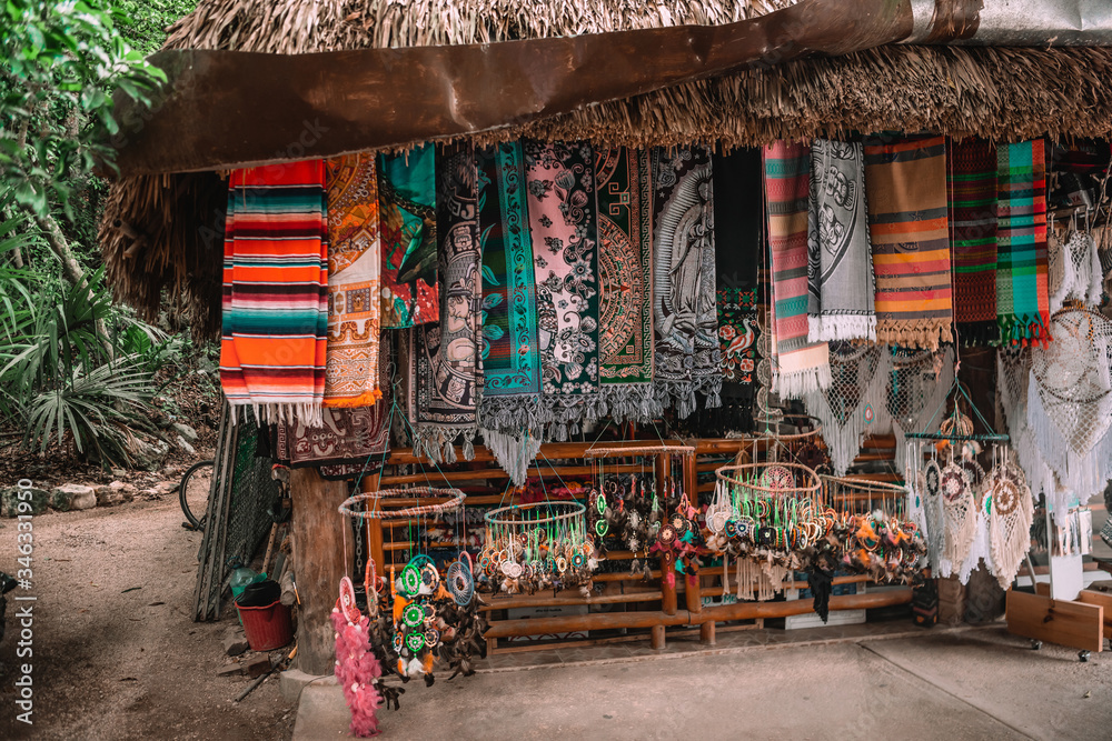 Ancient Mexican-themed souvenir shop at a tourist spot.