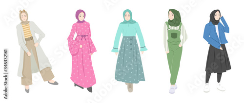 Bundle of modern young Muslim women wearing trendy clothes and hijab. Set of fashionable hijab girls. Flat cartoon vector