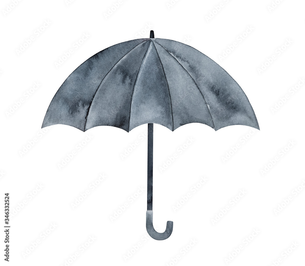 Water color illustration of black opened umbrella with curved hook