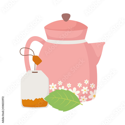 tea time, kettle with flowers and tea bag leaf herb beverage