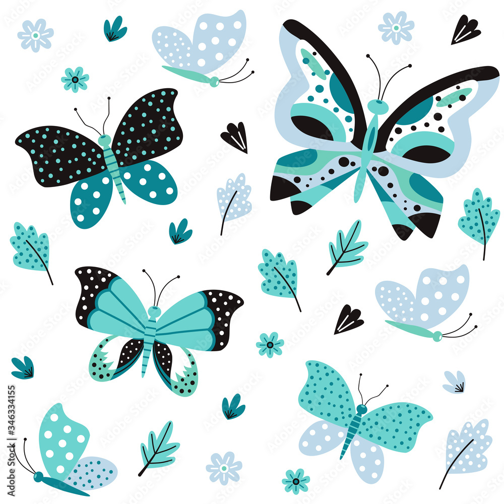 Butterfly pattern. Pretty springtime nature vector illustration. Colorful butterflies and flowers on white background. Bright summertime ornament for wrapping or textile design in flat style.