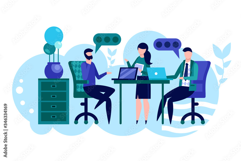 Brainstorming and creativity. Business meeting and idea generation, new solution or startup discussion banner with people. Effective time management and cooperation vector illustration in flat style Brainstorming and creativity. Business meeting and idea generation, new solution or startup discussion banner with people. Effective time management and cooperation vector illustration in flat style