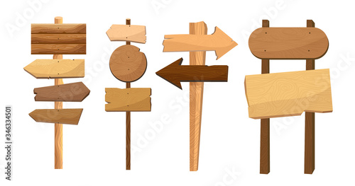 Wooden way direction sign. Vintage board on pole from brown hardwood layout for information or advertising message. Textured wooden sign board and direction arrows cartoon vector illustration