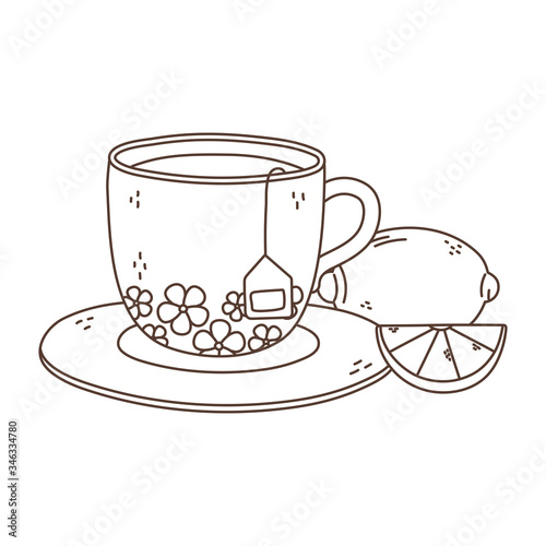 tea time, tea cup with tea bag slice lemon on saucer linear design