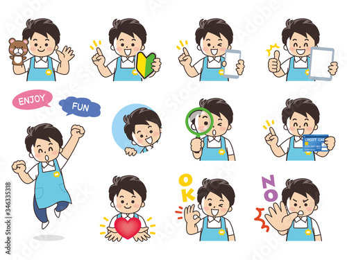 保育士の男性バリエーション　初心者マーク　スマートフォン　タブレット　虫眼鏡　クレジットカード　ハート　OK　NO