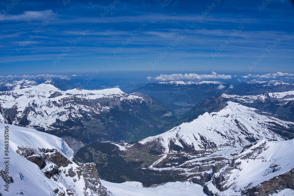 Panoramic view of glaciers and alps mountain range from the top of Jungfrau peak in Switzerland