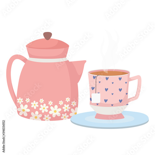 tea time, decorative hearts in cup and kettle beverage fresh