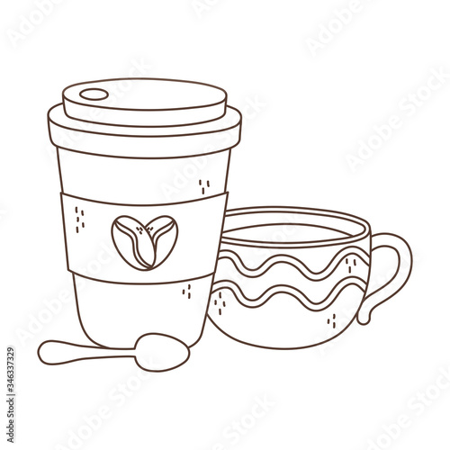 coffee time, takeaway cups coffee spoon fresh beverage linear design