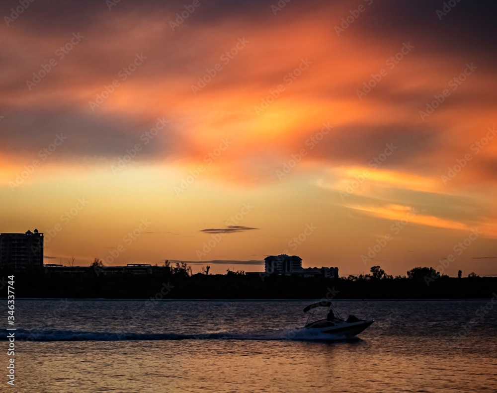 sunset on the sea, red, water, sea, sky, river, landscape, clouds, vibrant, colorful, boat, cityscape, skyline, Siesta Key, Florida