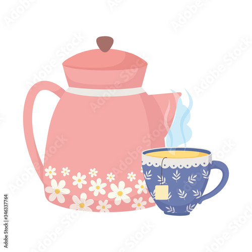 tea time, kettle cup tea bag beverage design