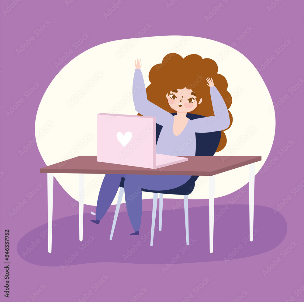 working remotely, young woman with laptop work in desk working remotely, young woman with laptop work in desk