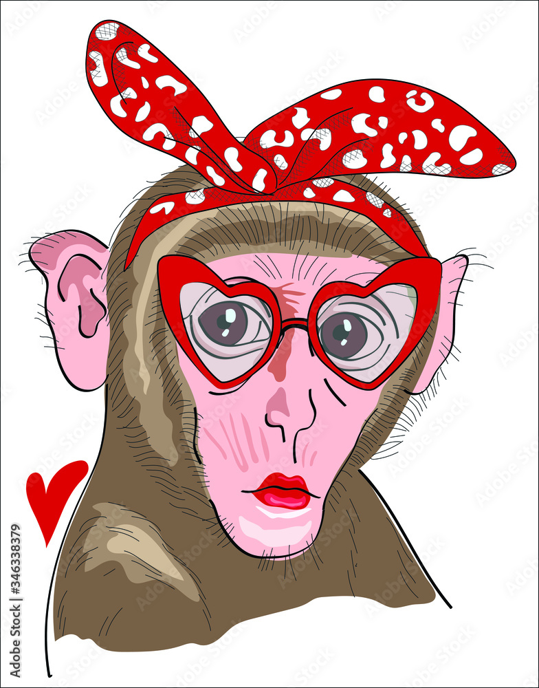 Fun monkey with glasses and a bow isolate on white background. Happy ...