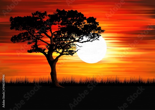 Beautiful scenic colorful sunset landscape with sun, sky, tree and grass perfect to use as background