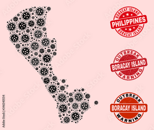 Outbreak collage of covid-2019 mosaic Boracay Island map and unclean stamps. Vector red watermarks with distress rubber texture and Outbreak Warning caption. photo