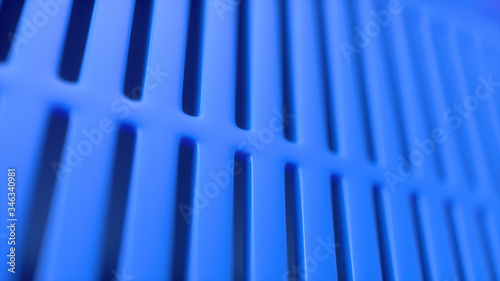Blue abstract case from a computer or power supply. Lattice and lines. Defocus and bokeh. Close-up. 3d render, 3d illustration