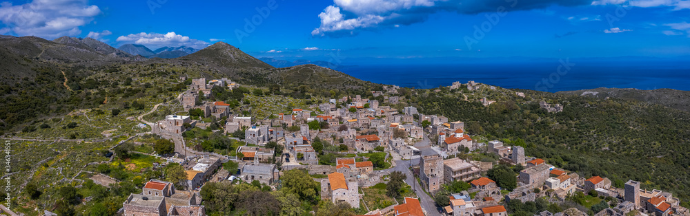 Wide panorama of Traditional Lagia village on Mani semi-island, Peloponnese, Greece