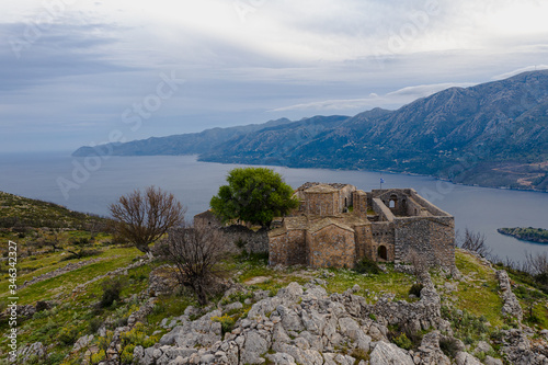 Aerial view of old traditional monastery near Gonea village on Mani semi-island  Peloponnese  Greece