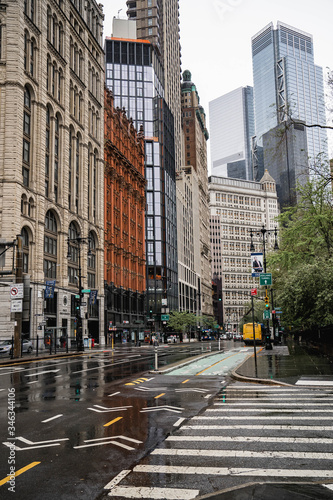 New York City streets. Manhattan streets. New York buildings and architectures. Close up view. Rentals in New York city. Rainy day in Manhattan. 