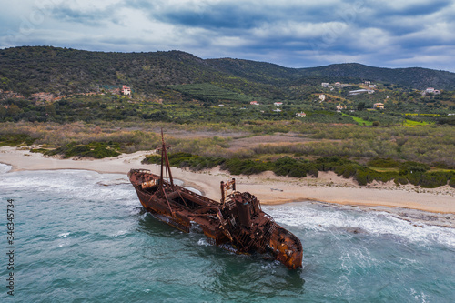 Aerial view of Shipwreck Dimitrios (formerly called Klintholm) in Gythio Peloponnese, in Greece