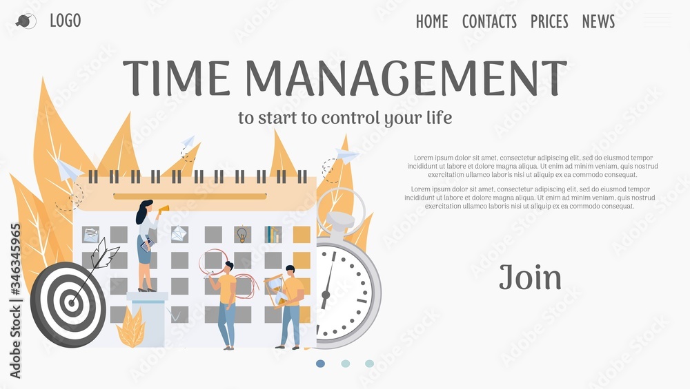 Time management planing, productivity landing page. Calendar, schedule, stopwatch, goals and small characters stock vector composition. Strategy, balance, teamwork concept illustration in flat style