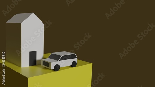 house and car on yellow block.stay home concept when covid-19 spread.3d rendering.