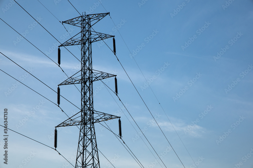 Electric power pole and line with blue sky background Electric power pole and line with blue sky background