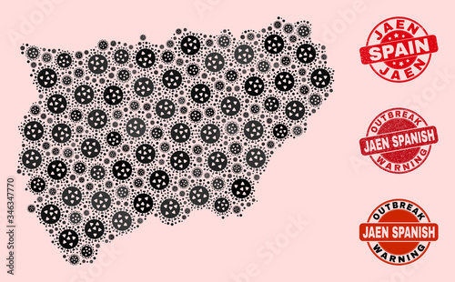 Outbreak collage of virus mosaic Jaen Spanish Province map and scratched seals. Vector red seals with grunge rubber texture and Outbreak Warning caption. photo