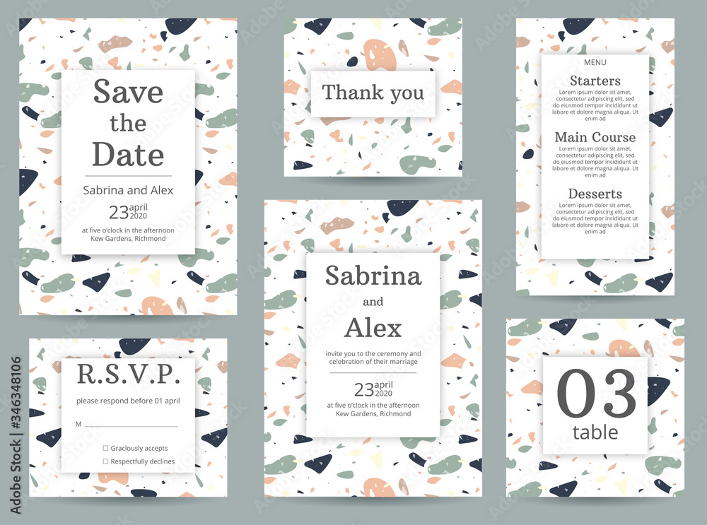 Terrazzo wedding invitation. Set with invitation, Save the date, Thank you card, RSVP, menu and table number on peach and green terrazzo background. Wedding set.