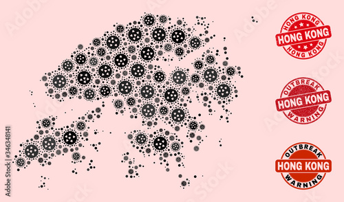 Outbreak combination of flu viral mosaic Hong Kong map and unclean seals. Vector red seals with scratched rubber texture and Outbreak Warning caption.