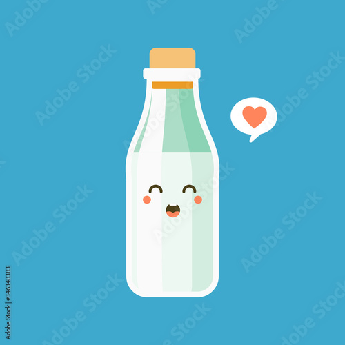 Funny full milk bottle character with smiling human face standing.