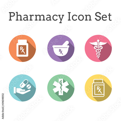 Pharmacy and Prescription Icon Set with mortar and pestle, star of life, pills, and caduceus