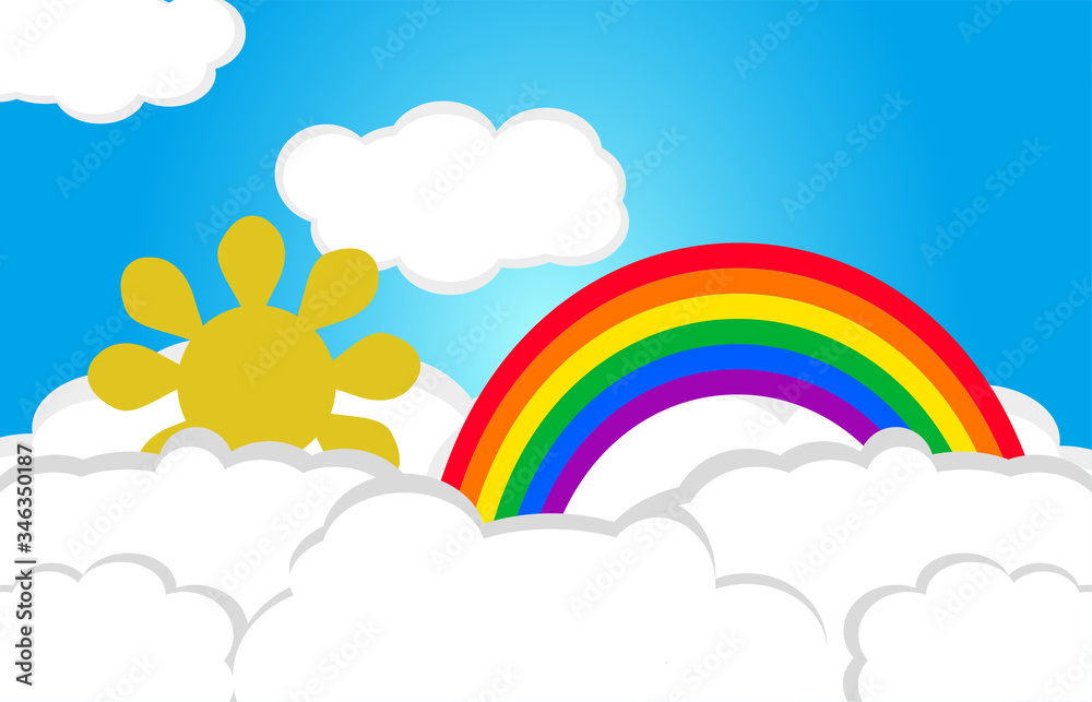 3D drawing rainbow with clouds and sun poster summer