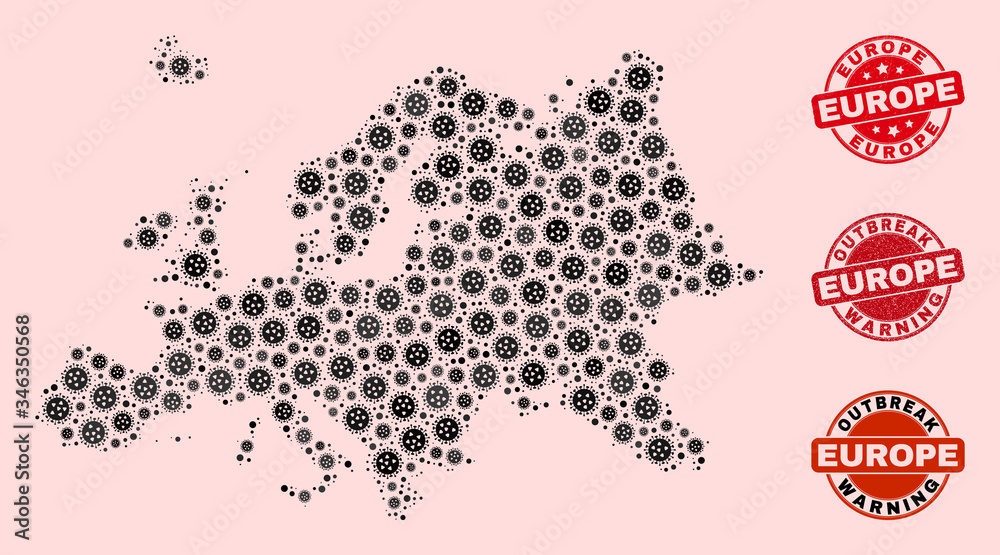 Outbreak collage of virus mosaic Europe map and rubber stamps. Vector red watermarks with distress rubber texture and Outbreak Warning caption. Mosaic Europe map constructed with pneumonia virus, Outbreak collage of virus mosaic Europe map and rubber stamps. Vector red watermarks with distress rubber texture and Outbreak Warning caption. Mosaic Europe map constructed with pneumonia virus,