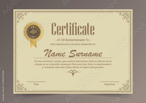 Certificate of achievement template in vector with applied Thai line in yellow gold tone - Vector	