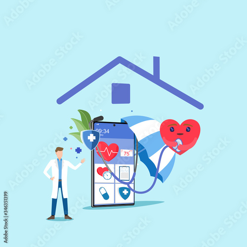 Doctor stands near healthcare service on mobile. Health insurance online concept. Healthcare on mobile.Healthcare, finance and medical service. Vector illustration about health insurance.