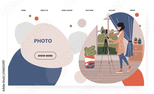 Female photographer take photo at home studio. Photo camera on tripod. Room interior. Concept illustration. Vector web site design template. Landing page website illustration
