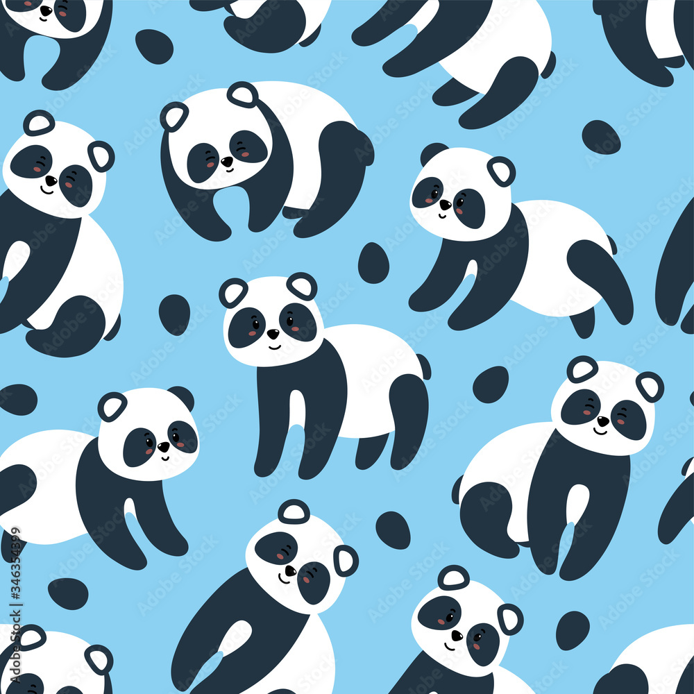 Obraz premium Colorful seamless pattern with cute pandas for textile, paper and fabric on blue background with flowers. Vector illustration in flat style