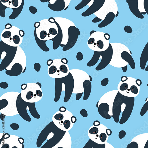 Colorful seamless pattern with cute pandas for textile, paper and fabric on blue background with flowers. Vector illustration in flat style