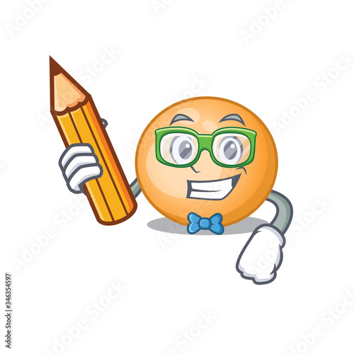 A brainy student staphylocuccus aureus cartoon character with pencil and glasses