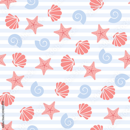 Seashell and Starfish. Colored Vector Patterns