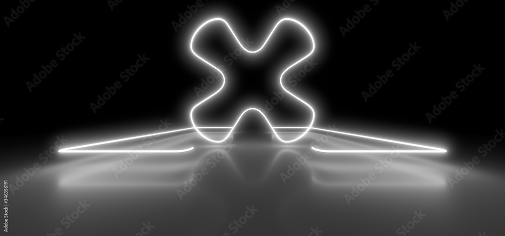 Obraz premium Colored luminous geometric shape on a black background. Blurred reflection on the floor. 3d rendering image.